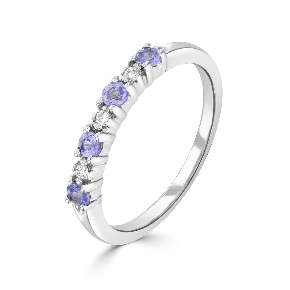 9CT WG ROUND TANZANITE & DIAMOND CLAW SET 7ST RING