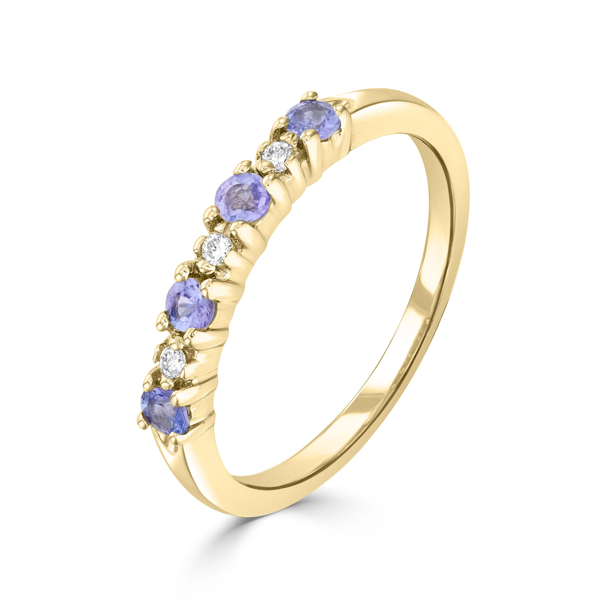 9CT YG ROUND TANZANITE & DIAMOND CLAW SET 7ST RING