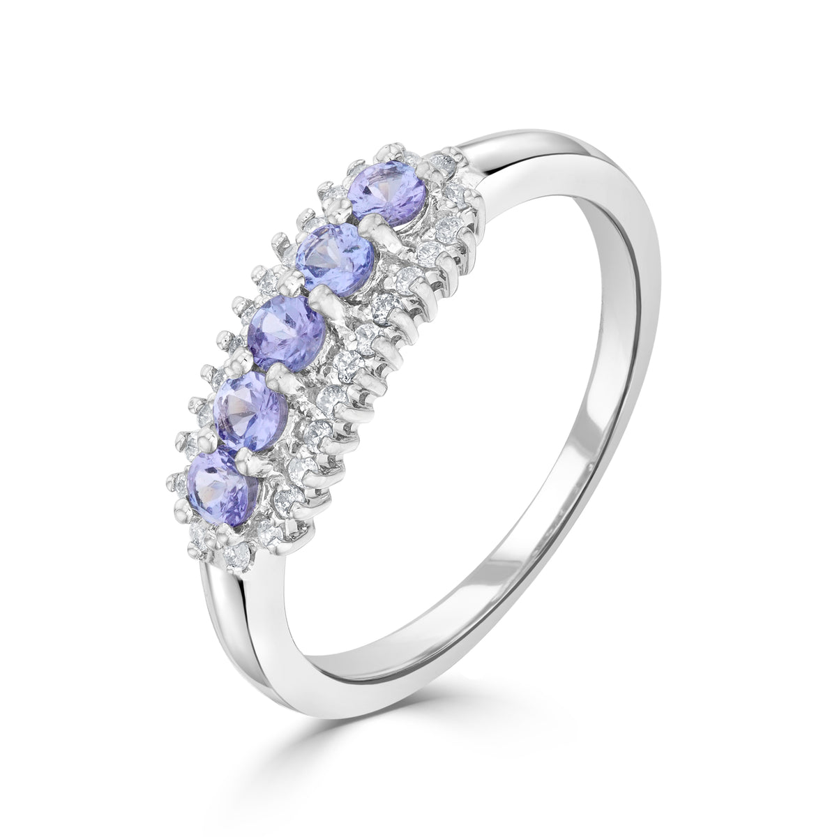 9CT WG ROUND TANZANITE AND ROUND DIAMOND 3 ROW CLAW SET BAND RING.