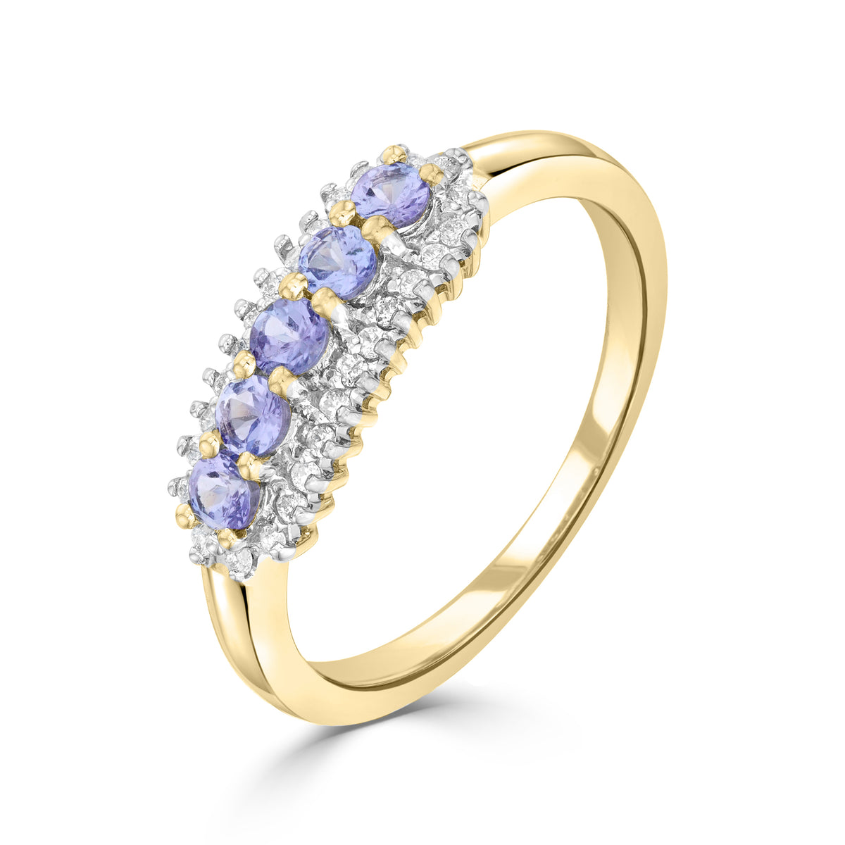 9CT YG ROUND TANZANITE AND ROUND DIAMOND 3 ROW CLAW SET BAND RING. RHODIUM TO DIAMONDS