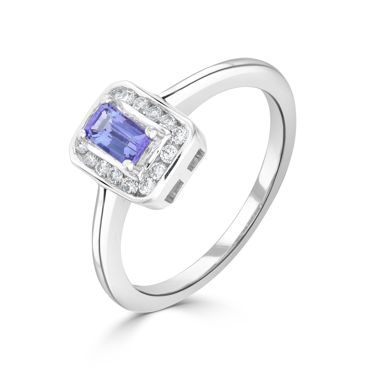 9CT WG CLAW SET 5X3 OCTAGON TANZANITE AND CHANNEL SET ROUND DIAMOND CLUSTER RING
