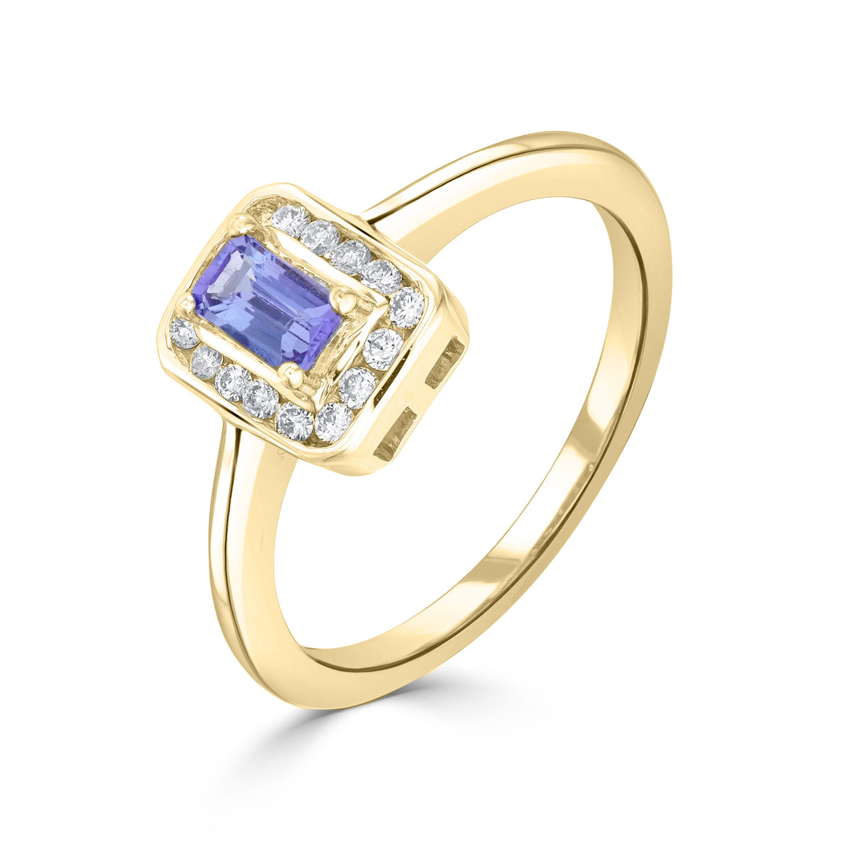 9CT YG CLAW SET 5X3 OCTAGON TANZANITE AND CHANNEL SET ROUND DIAMOND CLUSTER RING