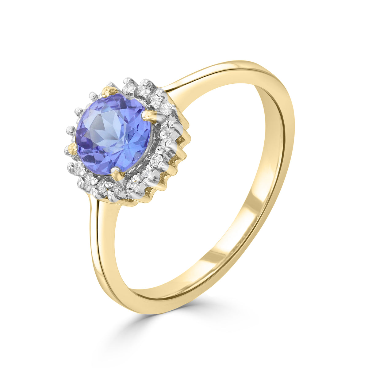 9CT YG 6MM ROUND TANZANITE & DIAMOND CLAW SET CLUSTER RING. RHODIUM TO DIAMONDS