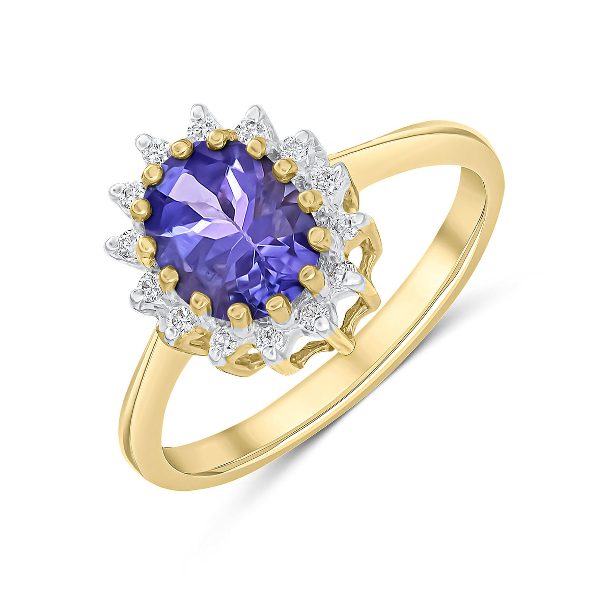 9CT YG 8X6 OVAL TANZANITE & DIAMOND CLAW SET CLUSTER RING. RHODIUM TO DIAMONDS