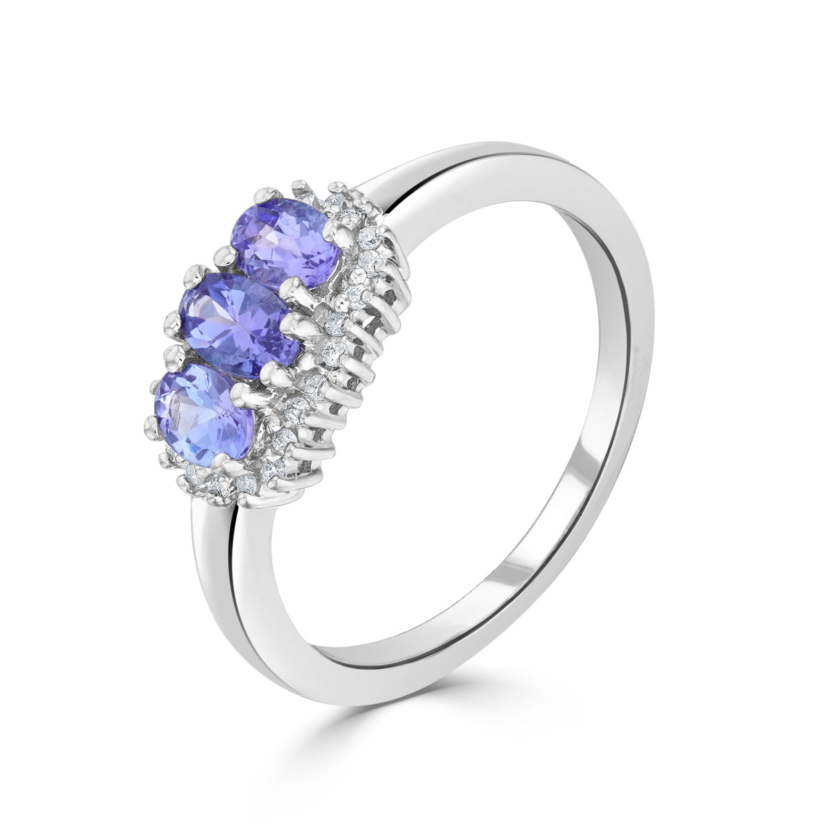 9CT WG OVAL TANZANITE & DIAMOND CLAW SET TRIPLE CLUSTER RING