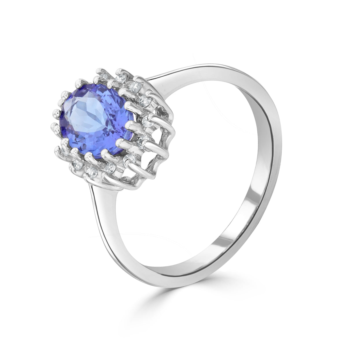 9CT WG 8X6 OVAL TANZANITE & DIAMOND CLAW SET CLUSTER RING