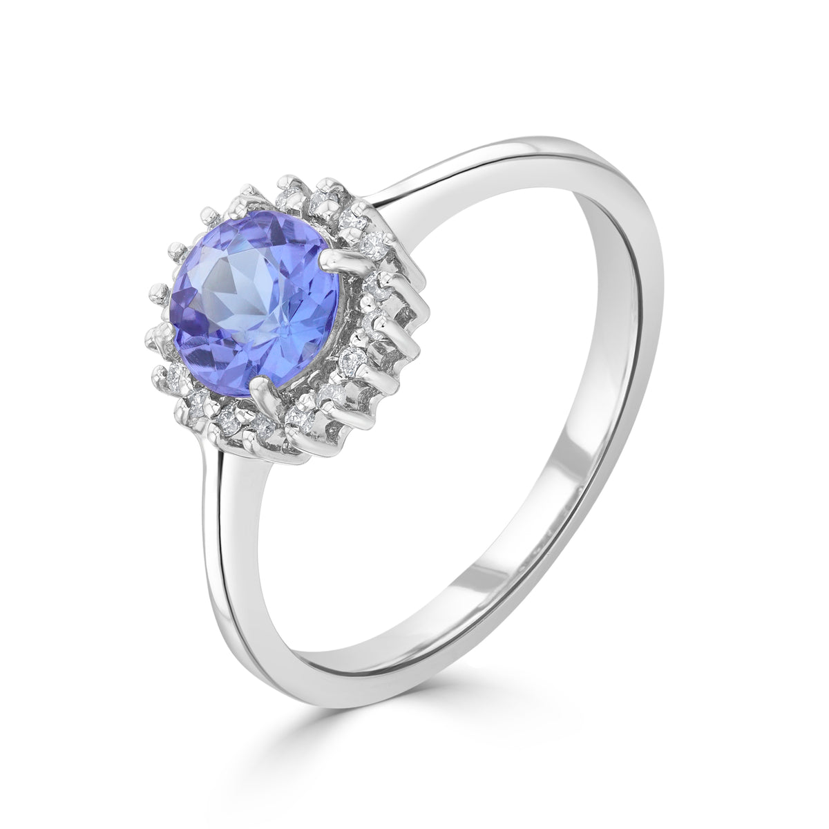 9CT WG 6MM ROUND TANZANITE & DIAMOND CLAW SET CLUSTER RING