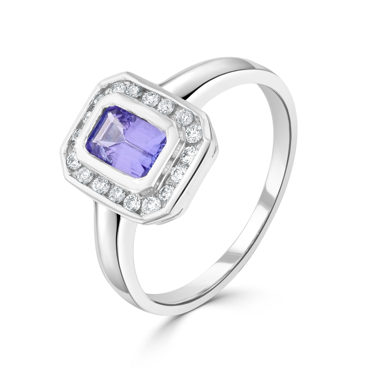 9CT WG RUBOVER 6X4 OCTAGON TANZANITE & CHANNEL SET DIAMOND CLUSTER RING