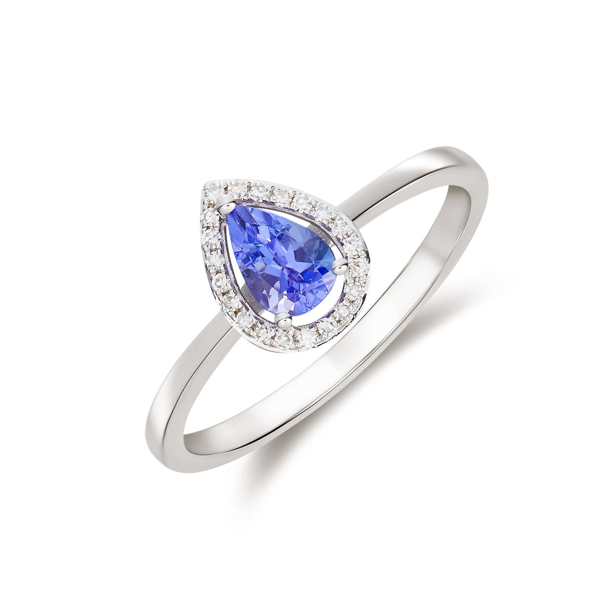 9CT WG 6X4 PEARSHAPE TANZANITE & DIAMOND HALO CLAW CLUSTER RING