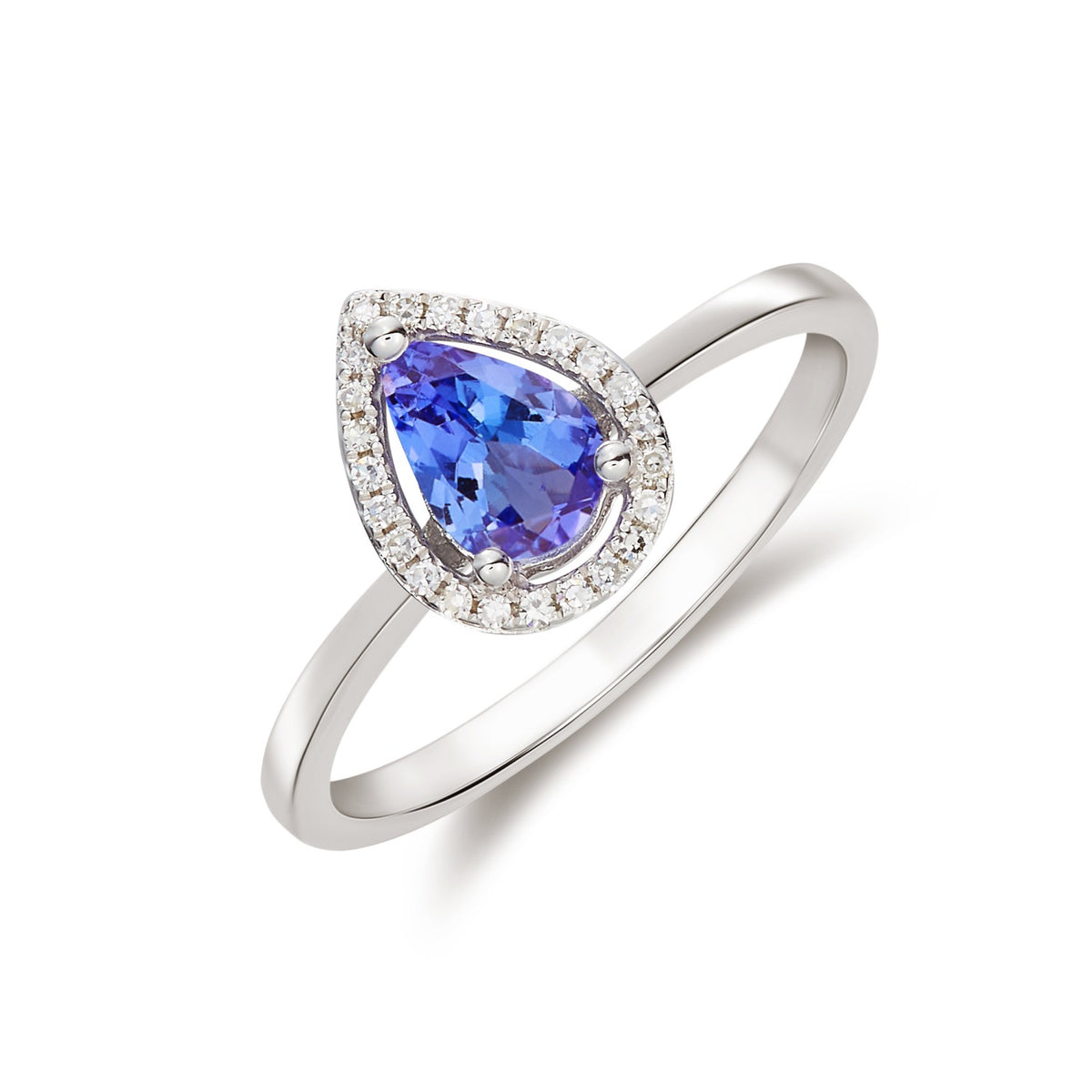 9CT WG 7X5 PEARSHAPE TANZANITE & ROUND DIAMOND CLAW SET HALO CLUSTER RING