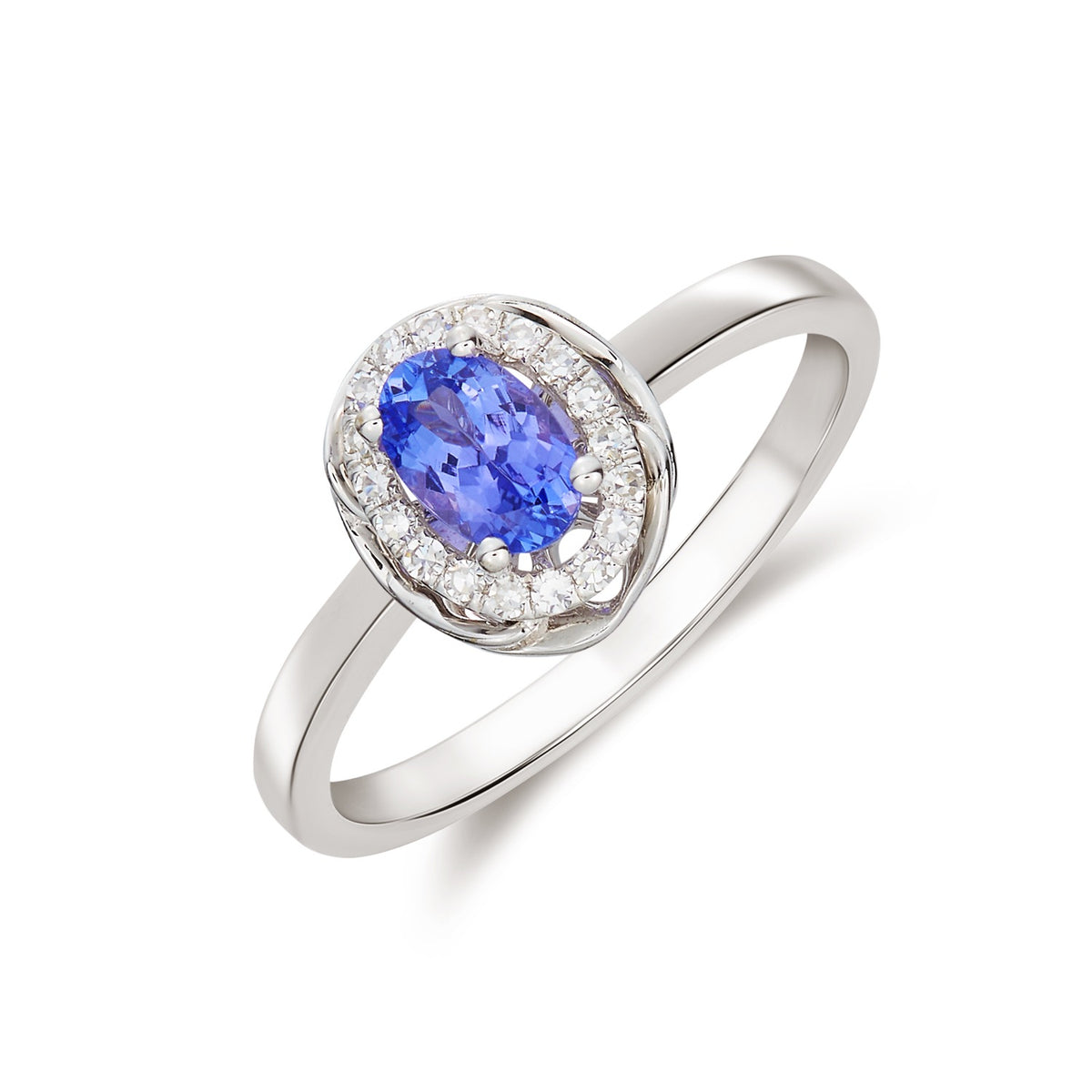 9CT WG 6X4 OVAL TANZANITE & DIAMOND CLUSTER RING WITH ROPE EDGE