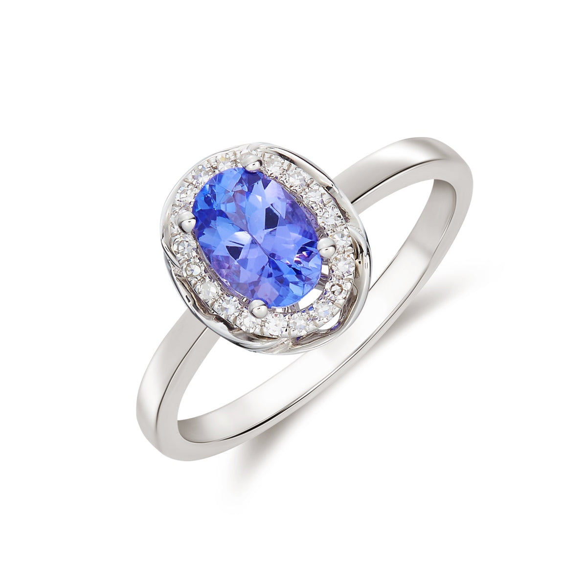 9CT WG 7X5 OVAL TANZANITE & DIAMOND CLUSTER RING WITH ROPE EDGE