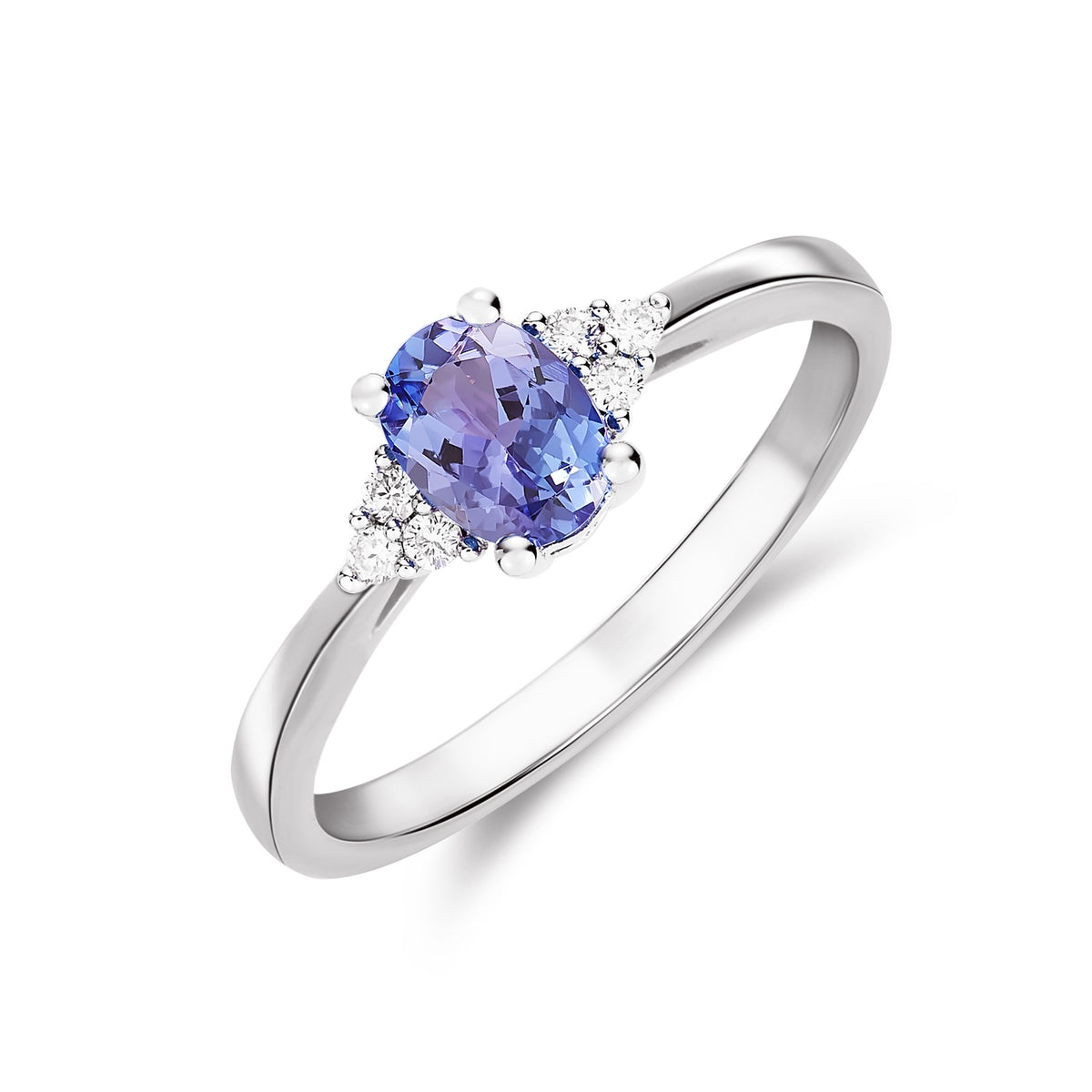 9CT WG 7X5 OVAL TANZANITE & DIAMOND TREFOIL SHOULDERS CLAW SET  RING