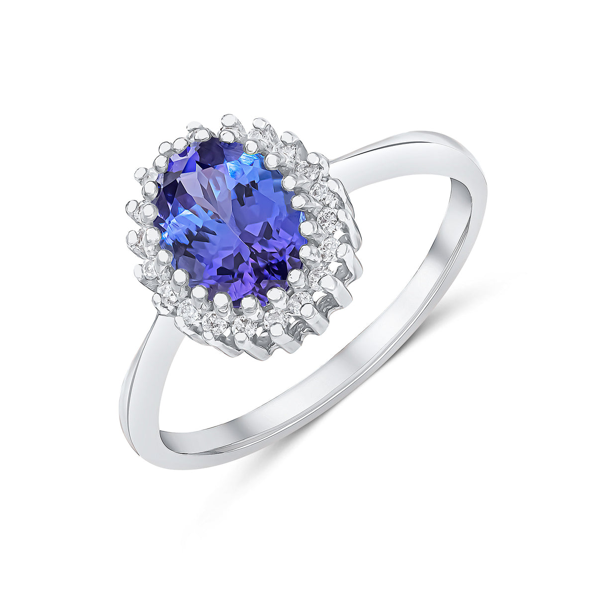 9CT WG 8X6 OVAL TANZANITE & DIAMOND CLUSTER CLAW SET RING
