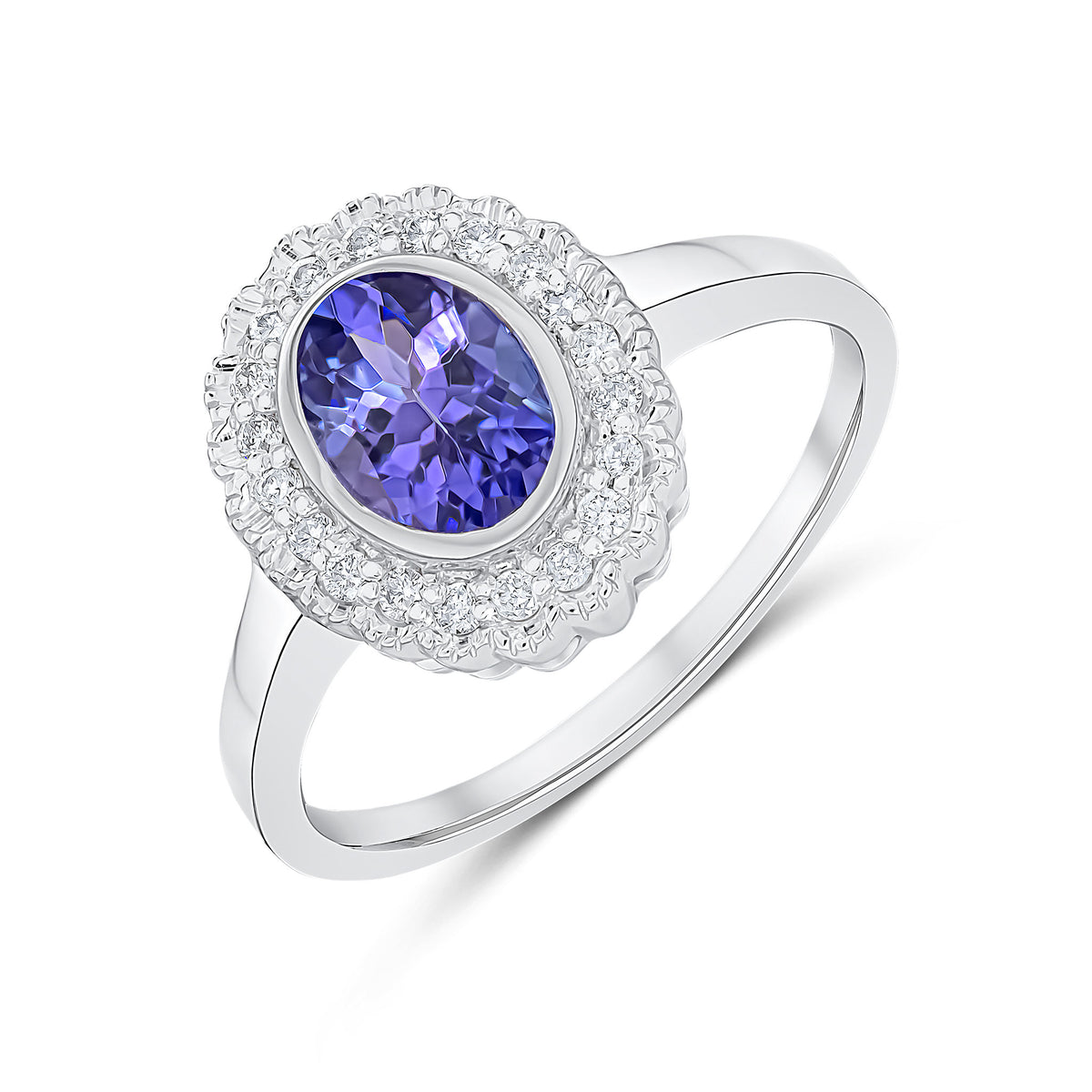 9CT WHITE GOLD RUBOVER OVAL TANZANITE AND MILLEGRAIN ROUND DIAMOND CLUSTER RING