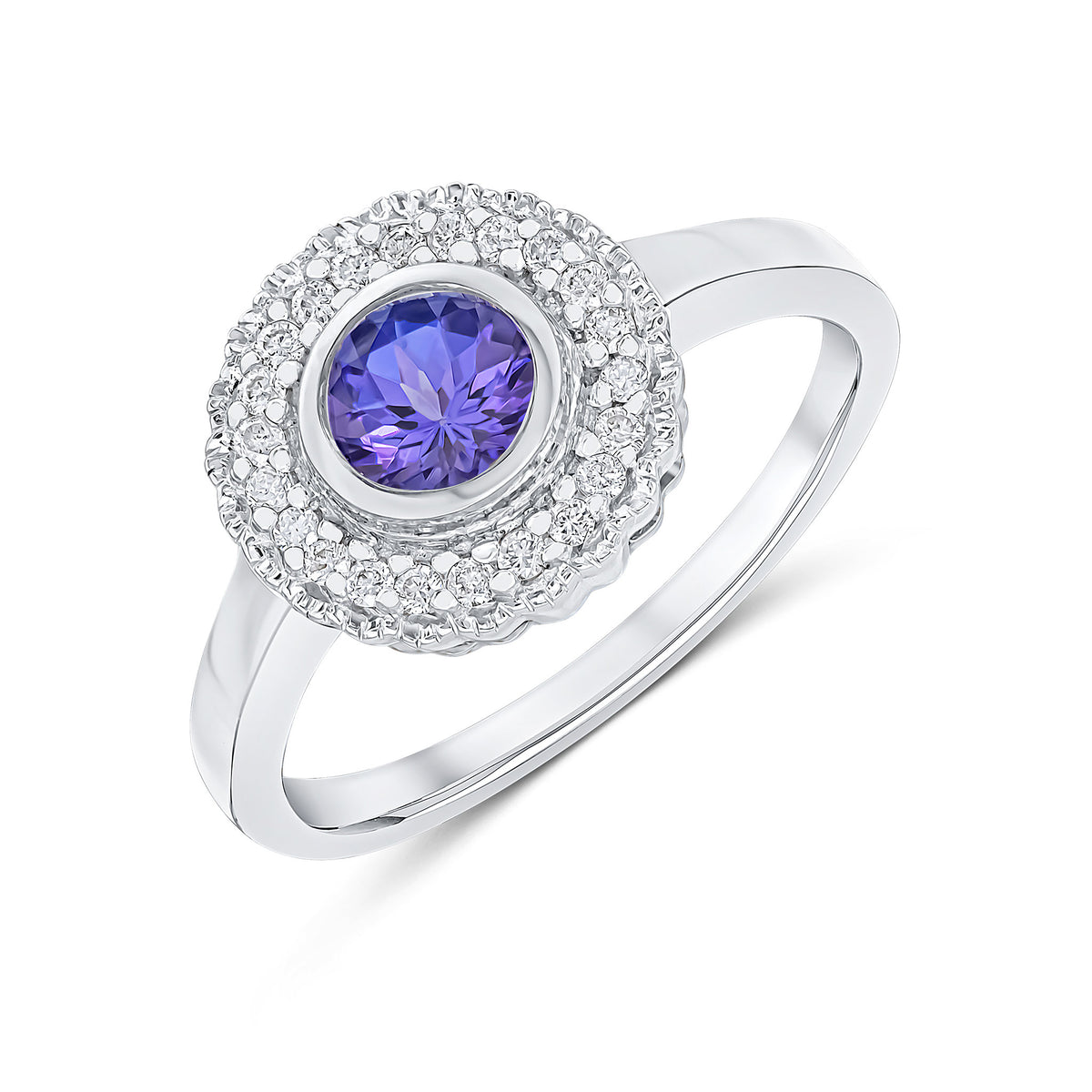 9CT WHITE GOLD ROUND RUBOVER TANZANITE AND MILLEGRAIN ROUND DIAMOND CLUSTER RING