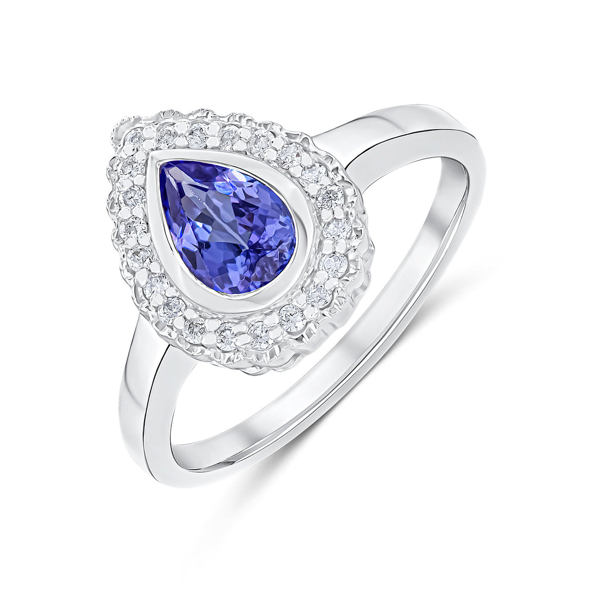 9CT WHITE GOLD PEARSHAPE RUBOVER TANZANITE AND MILLEGRAIN ROUND DIAMOND CLUSTER RING.