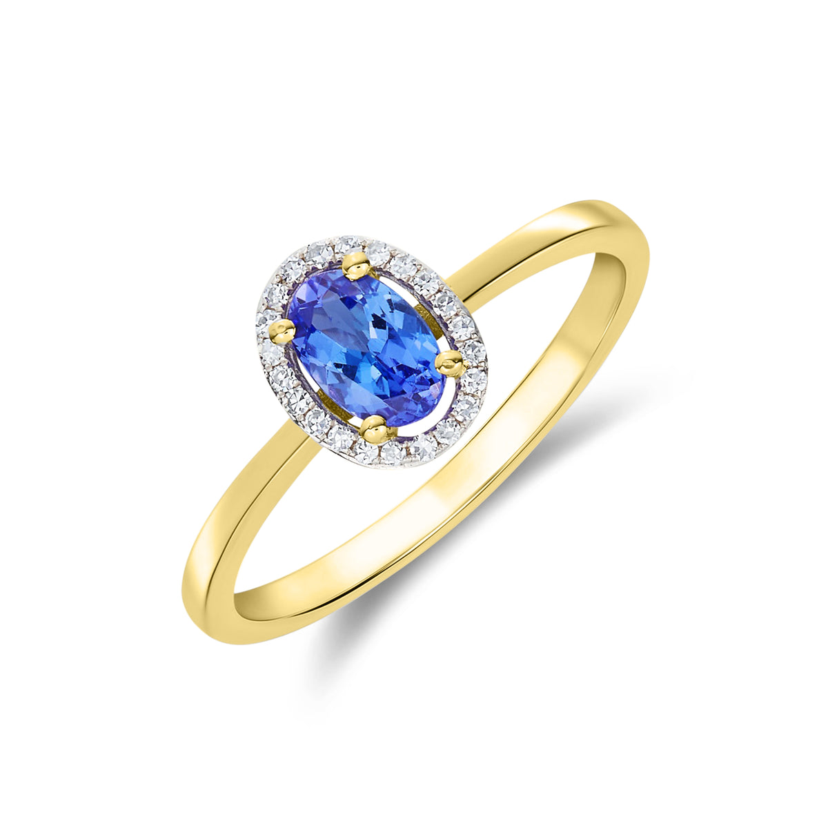 9CT YG 6X4 OVAL TANZANITE AND ROUND DIAMOND HALO CLUSTER RING. RHODIUM TO DIAMONDS