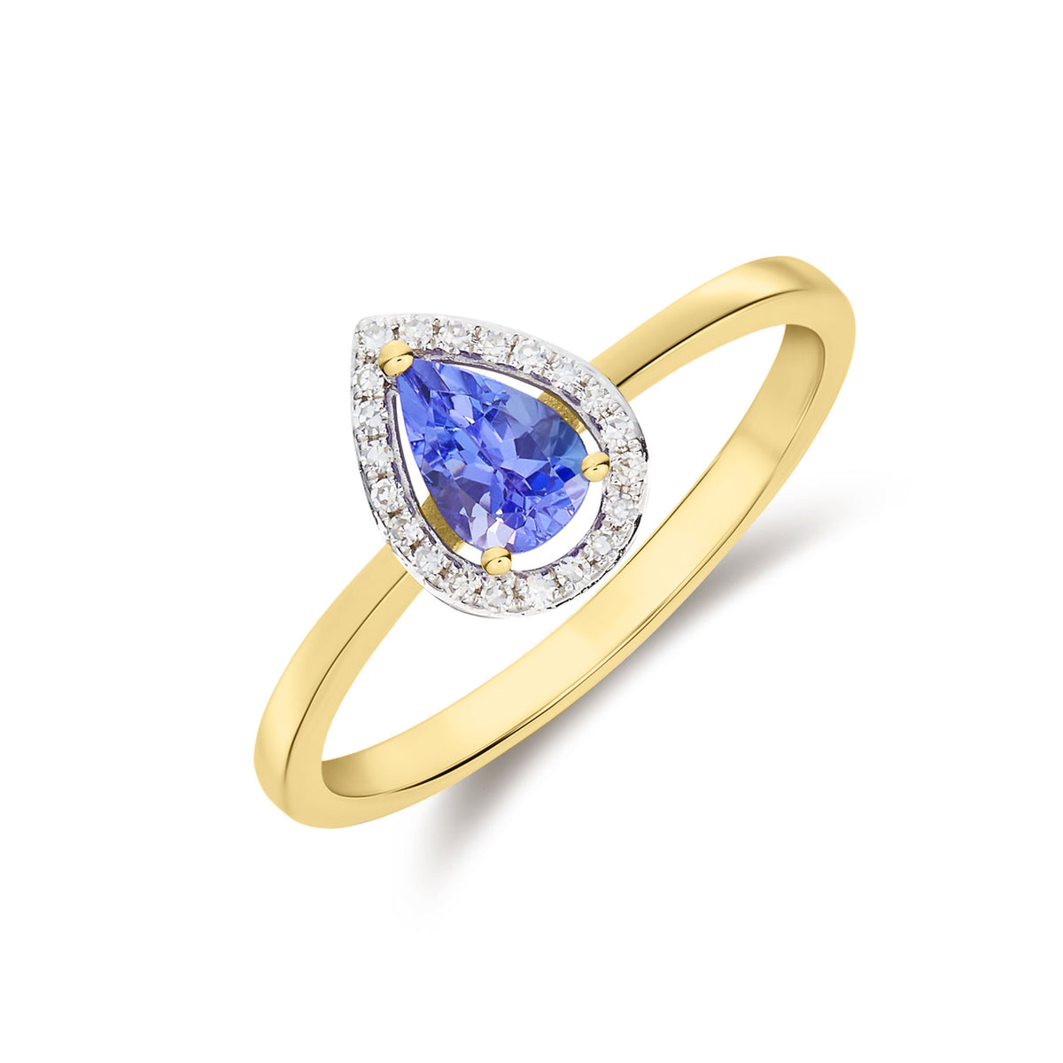 9CT YG 6X4 PEARSHAPE TANZANITE & DIAMOND HALO CLAW CLUSTER RING . RHODIUM TO DIAMONDS