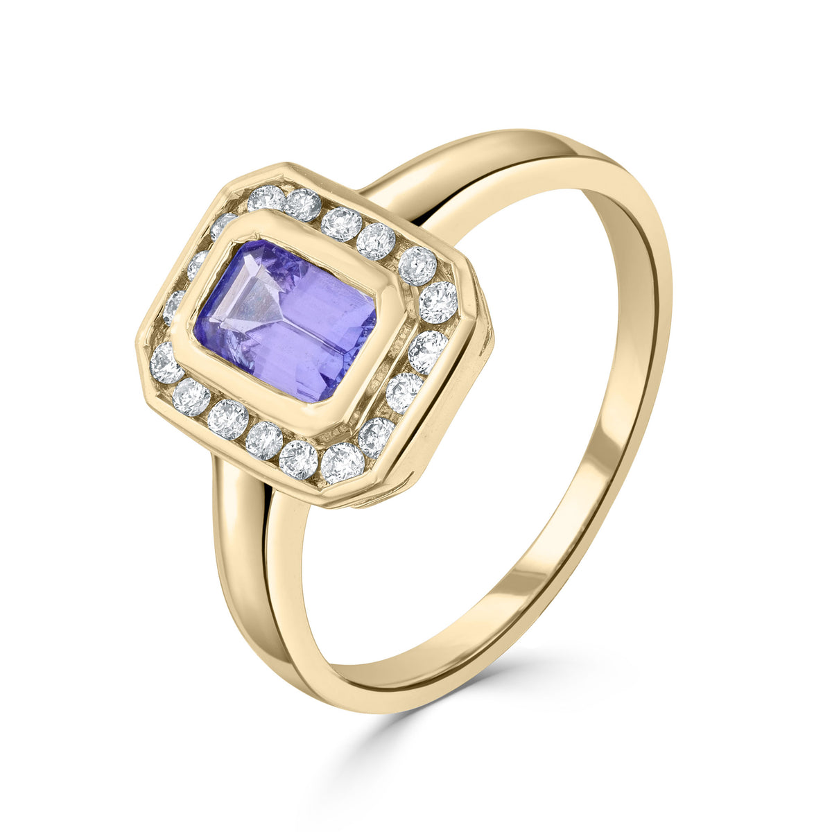 9CT YG RUBOVER 6X4 OCTAGON TANZANITE & CHANNEL SET DIAMOND CLUSTER RING