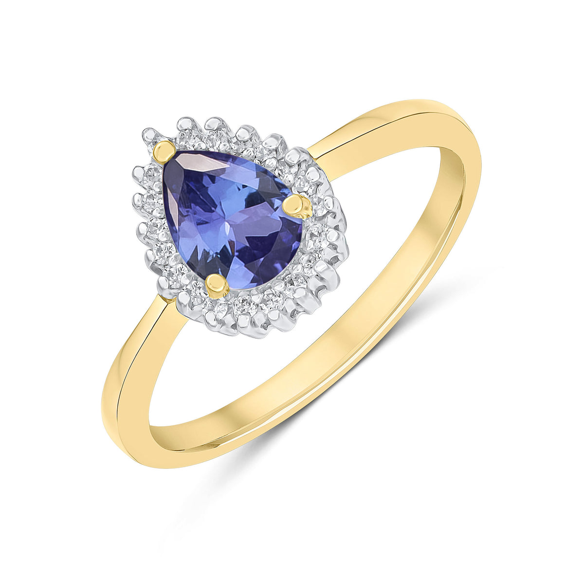 9CT YG 7X5MM PEARSHAPE TANZANITE & DIAMOND CLAW SET CLUSTER RING. RHODIUM TO DIAMONDS