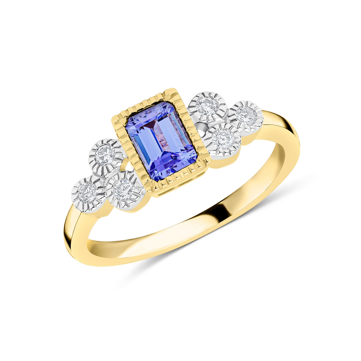 9CT YG 6X4 OCTAGON TANZANITE AND DIAMOND TREFOIL SHOULDERS MILLEGRAIN SET RING. RHODIUM TO DIAMONDS
