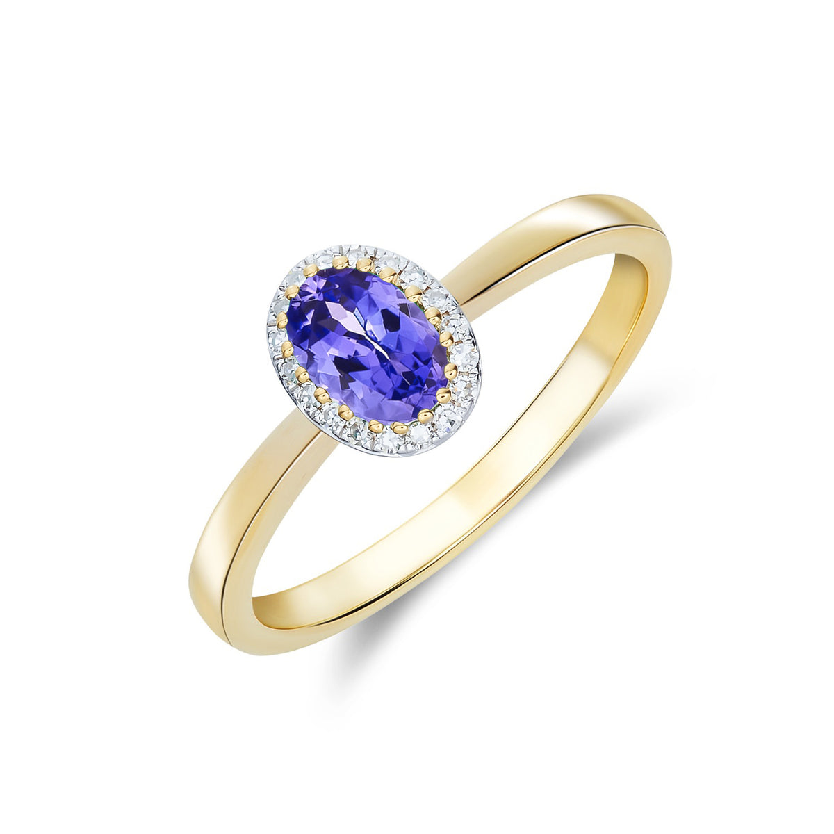 9CT YELLOW GOLD OVAL TANZANITE AND DIAMOND CLAW CLUSTER RING