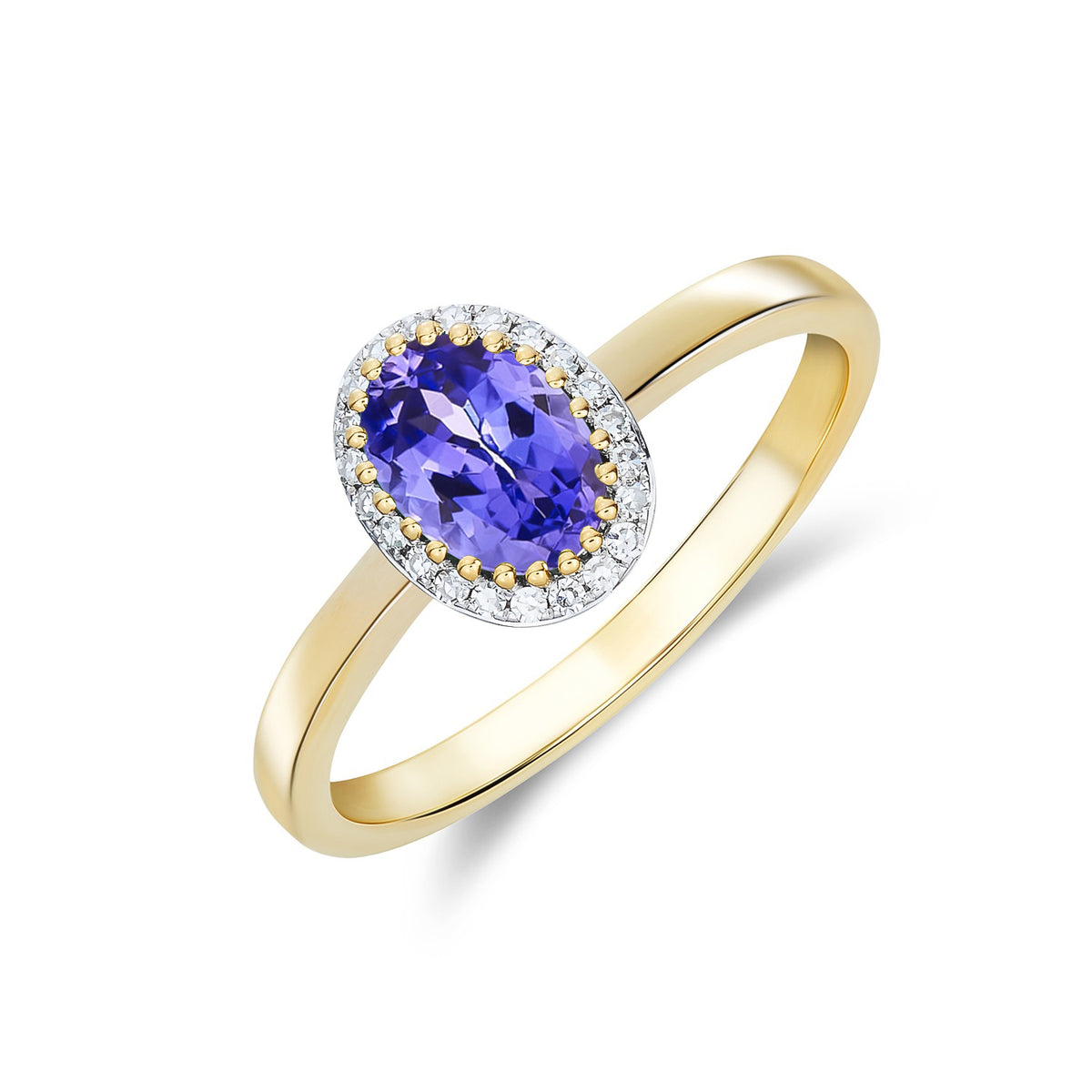 9CT YELLOW GOLD OVAL TANZANITE AND ROUND DIAMOND CLAW SET CLUSTER RING