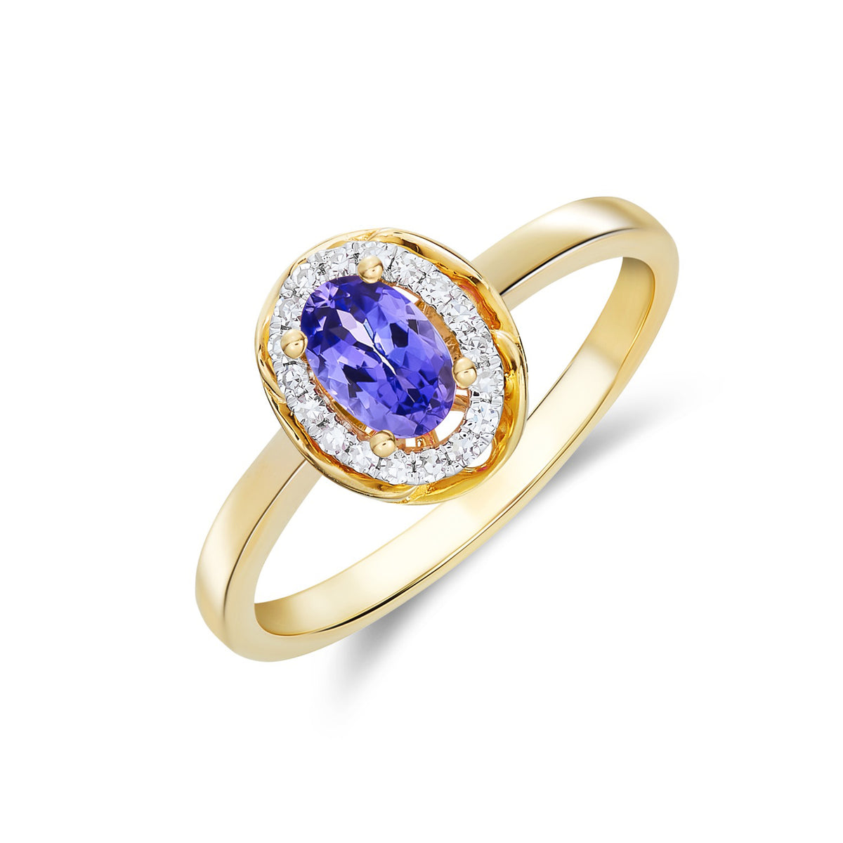 9CT YG 6X4 OVAL TANZANITE & DIAMOND CLUSTER RING WITH ROPE EDGE