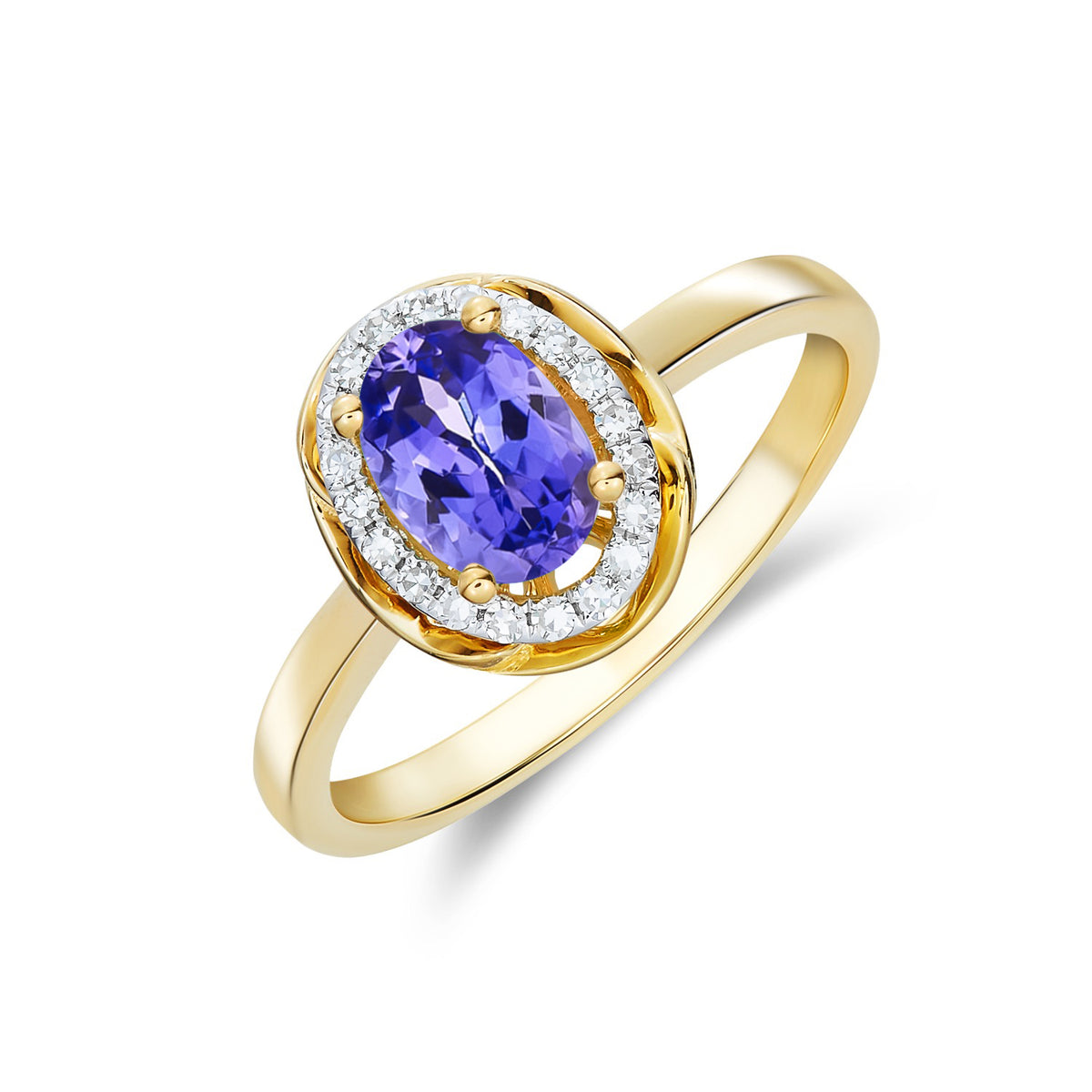 9CT YG 7X5 OVAL TANZANITE & DIAMOND CLUSTER RING WITH ROPE EDGE