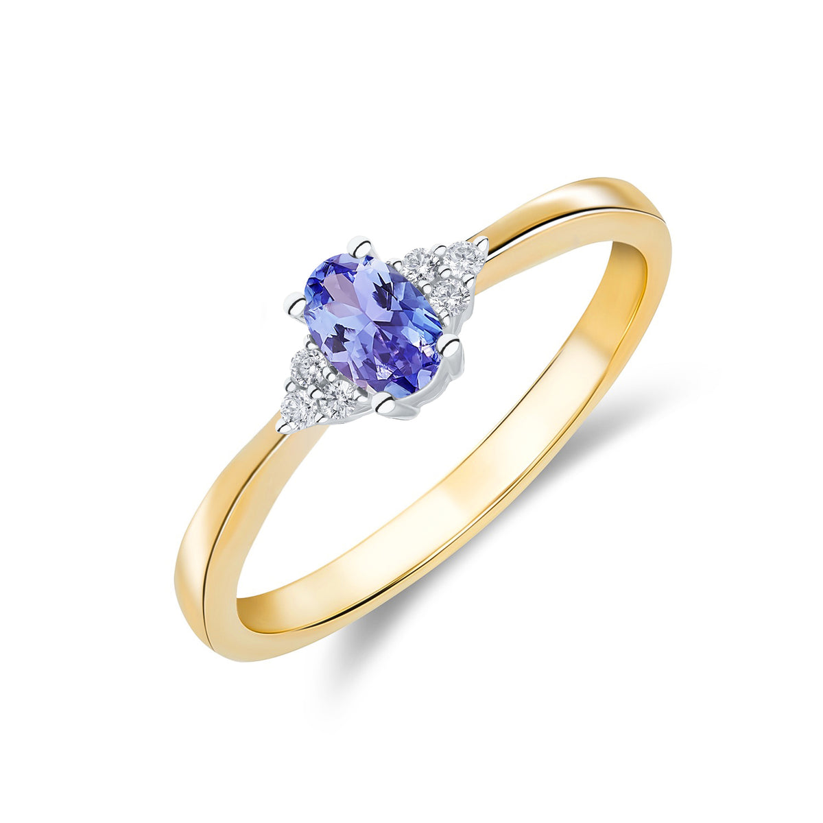 9CT YWG 6X4 OVAL TANZANITE AND ROUND DIAMOND TREFOIL SHOULDERS RING