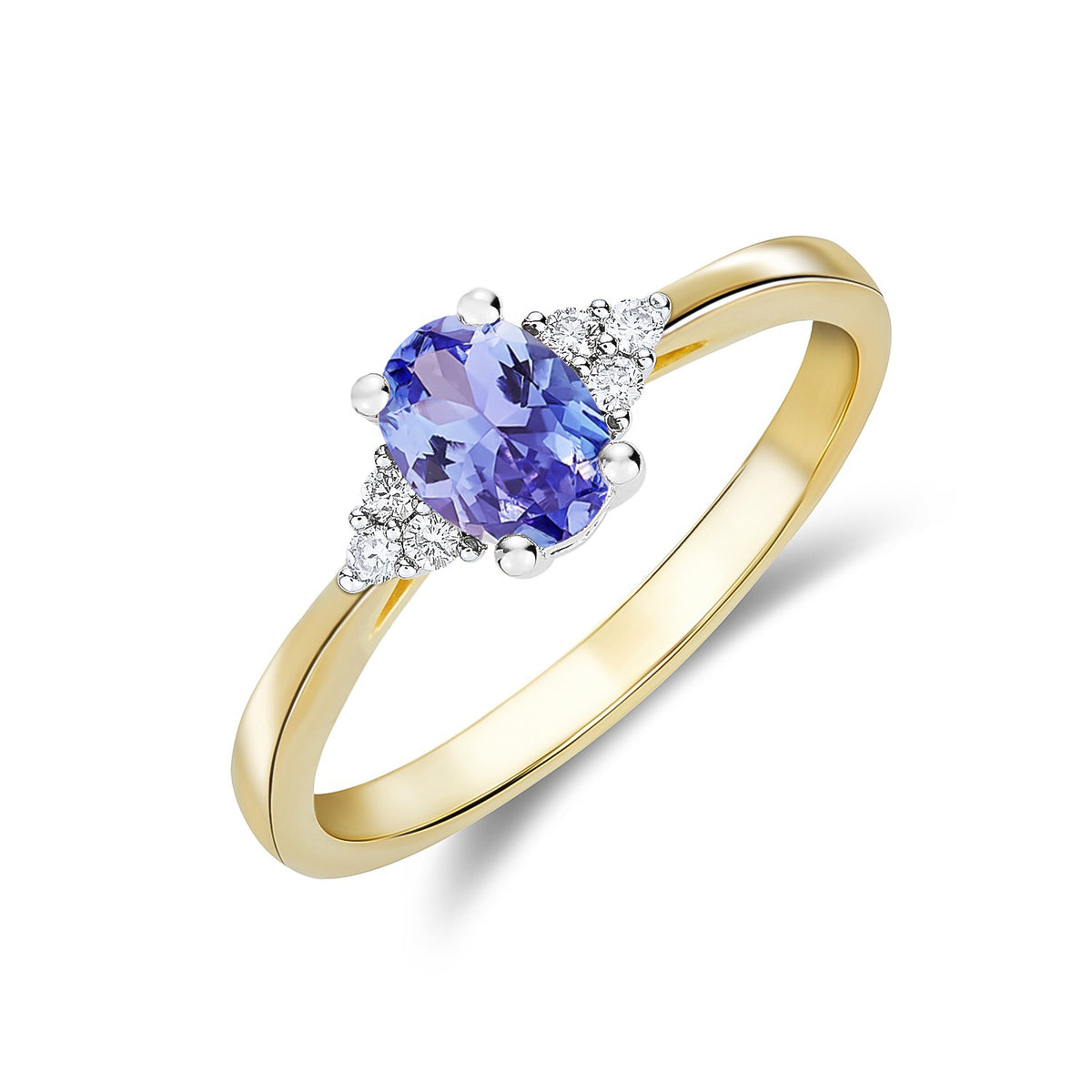 9CT YWG 7X5 OVAL TANZANITE & DIAMOND TREFOIL SHOULDERS CLAW SET RING