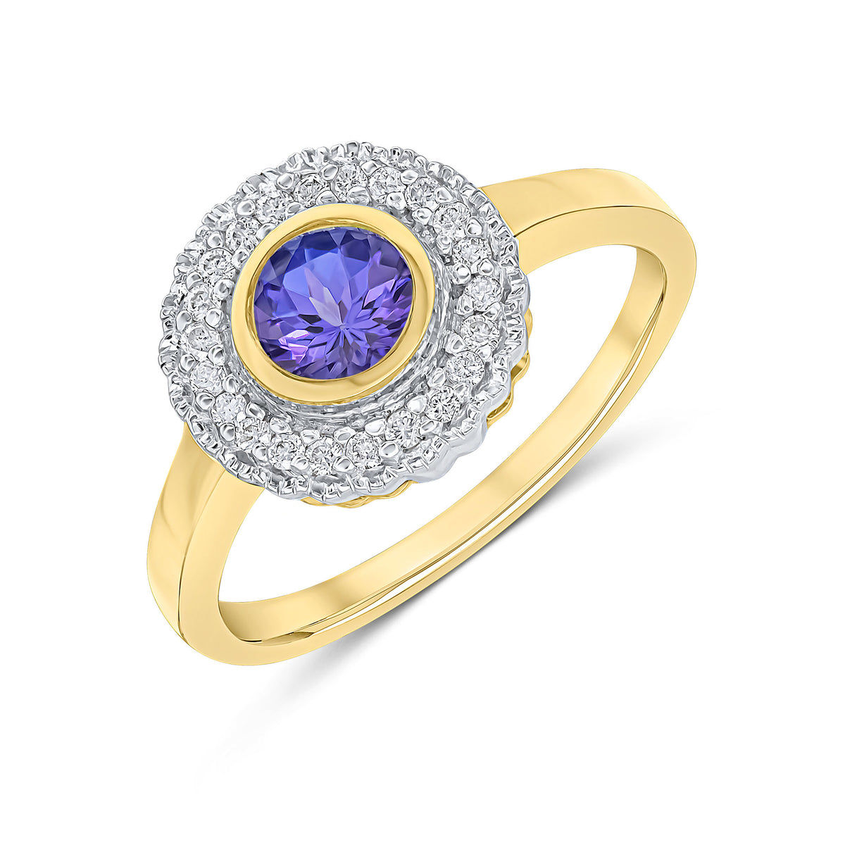 9CT YELLOW GOLD ROUND RUBOVER TANZANITE AND MILLEGRAIN ROUND DIAMOND CLUSTER RING. RHODIUM TO DIAMONDS