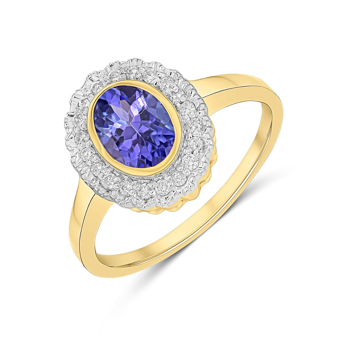 9CT YELLOW GOLD RUBOVER OVAL TANZANITE AND MILLEGRAIN ROUND DIAMOND CLUSTER RING. RHODIUM TO DIAMONDS