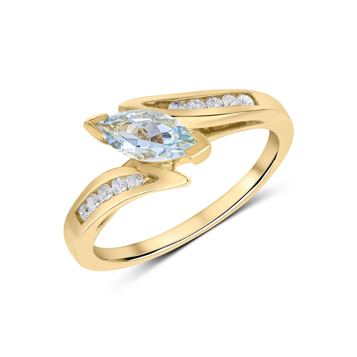 9CT YG MARQUISE AQUA SINGLE STONE TWIST RING WITH DIAMOND SHOULDERS