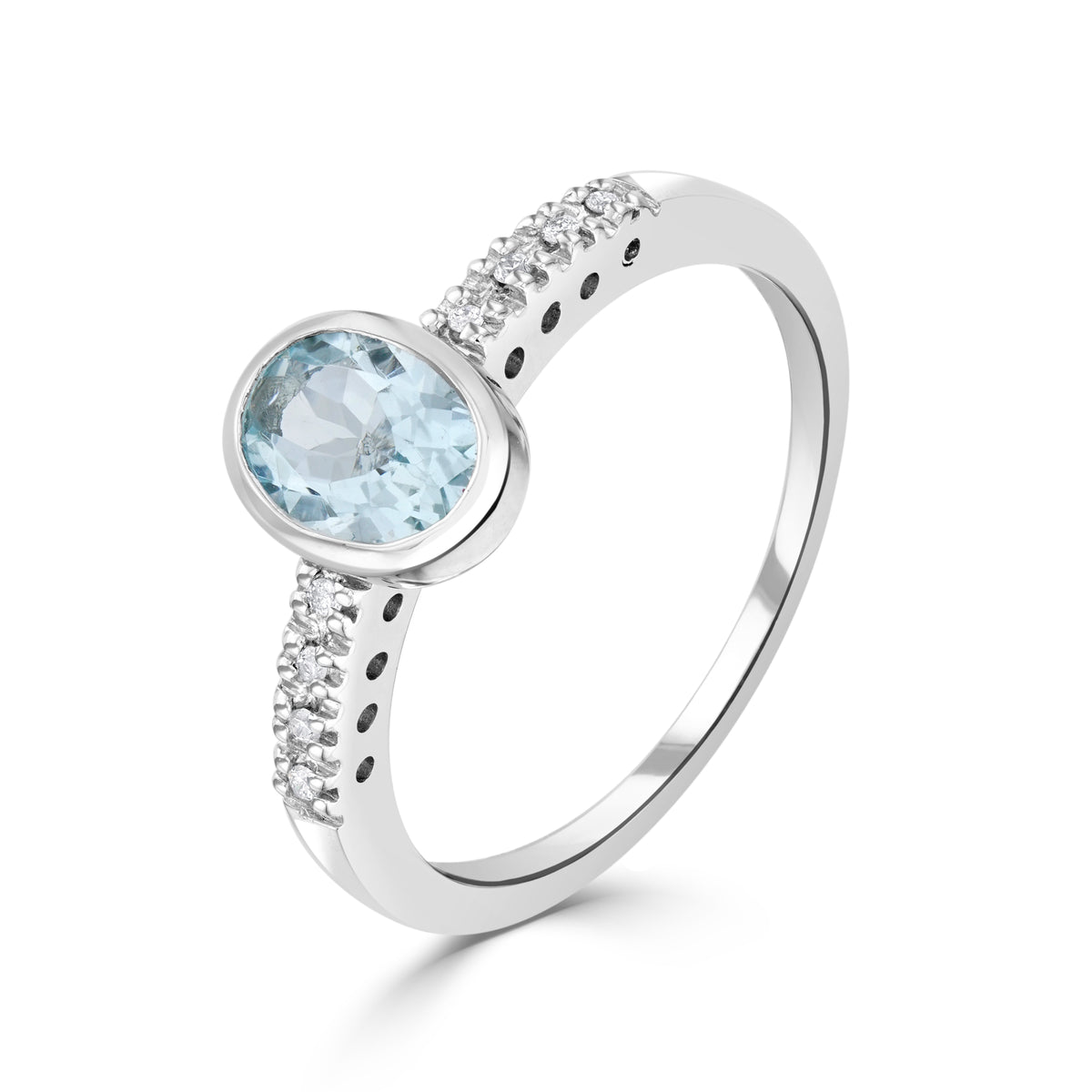 9CT WG RUBOVER 7X5 OVAL AQUA SINGLE STONE RING WITH CLAW SET DIAMOND SHOULDERS