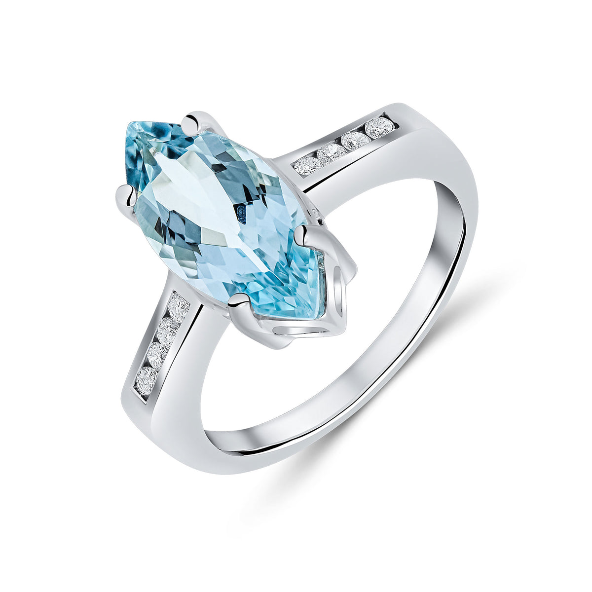9CT WG 15X7 MARQUISE AQUA SINGLE STONE RING WITH CHANNEL SET DIAMOND SHOULDERS