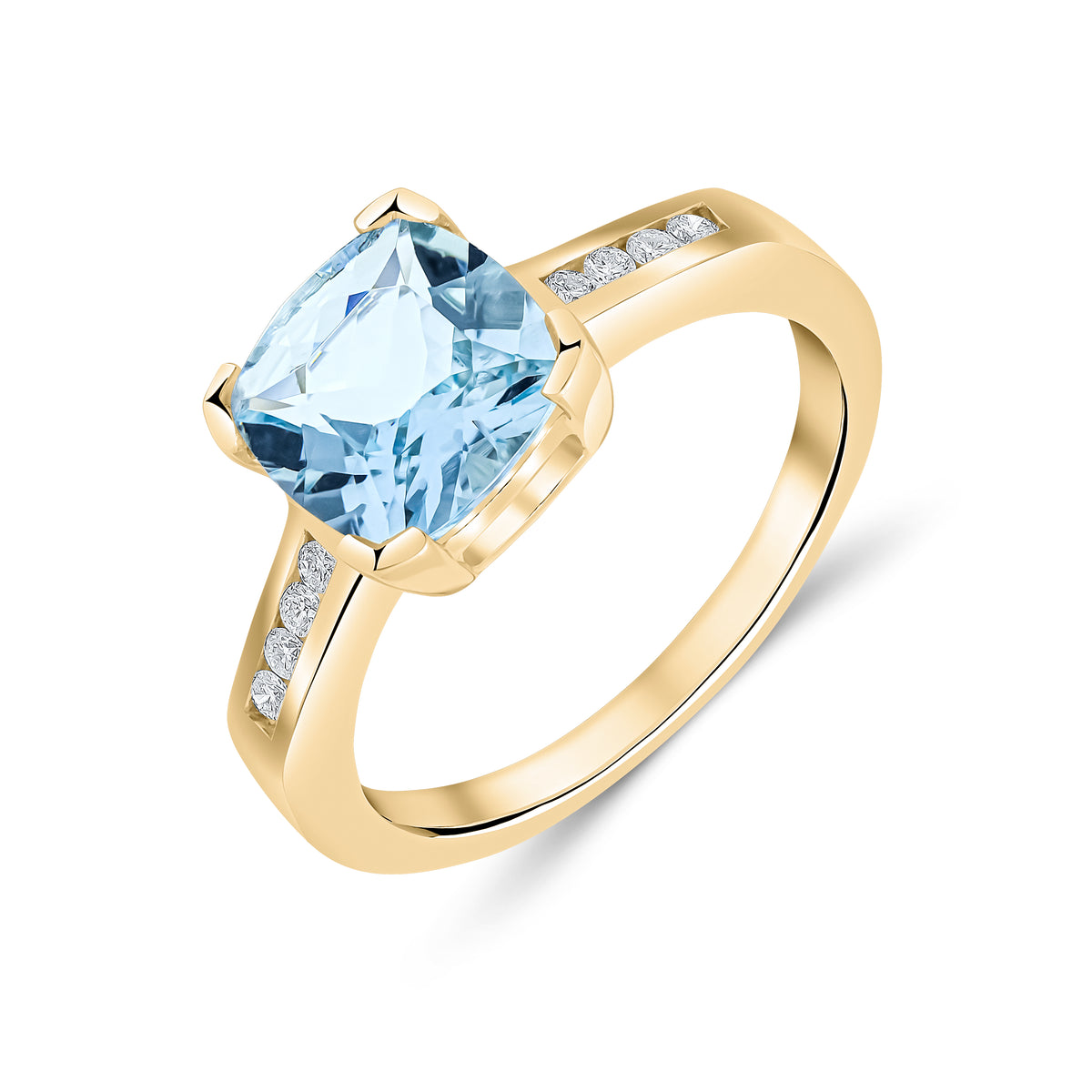 9CT YG CLAW SET CUSHION AQUA SINGLE STONE RING WITH CHANNEL SET DIAMOND SHOULDERS