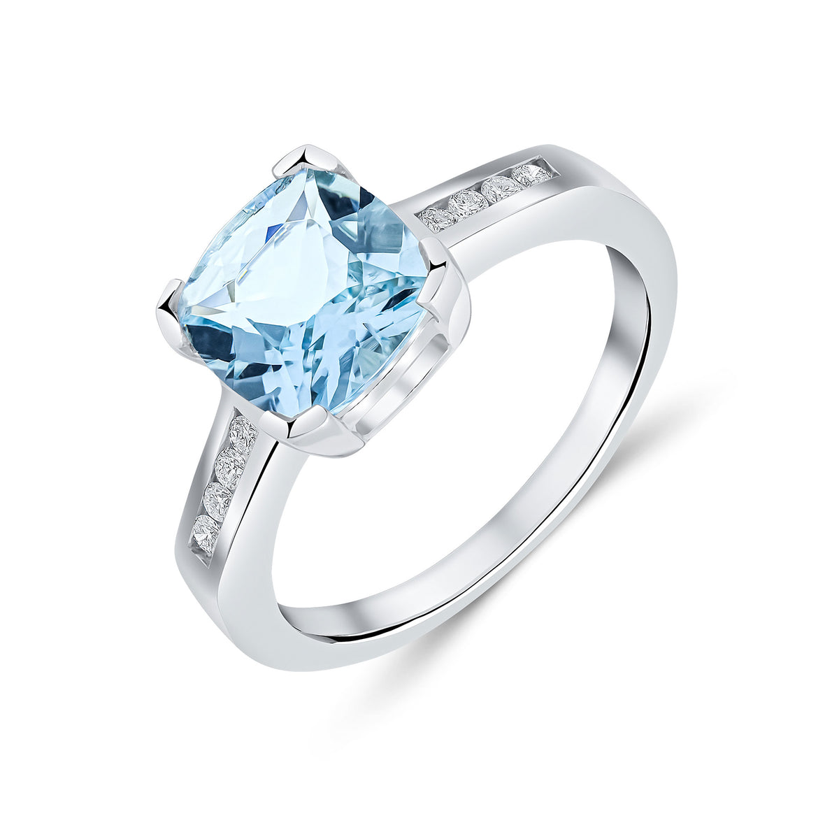 9CT WG CLAW SET CUSHION AQUA SINGLE STONE RING WITH CHANNEL SET DIAMOND SHOULDERS