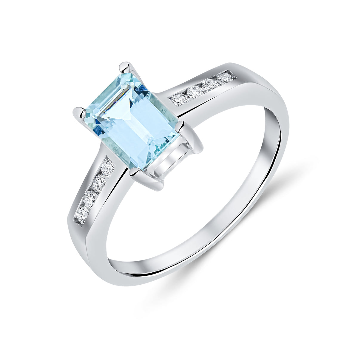 9CT WG 7X5 OCTAGON AQUA CLAW SET SINGLE STONE RING WITH CHANNEL SET DIAMOND SHOULDERS