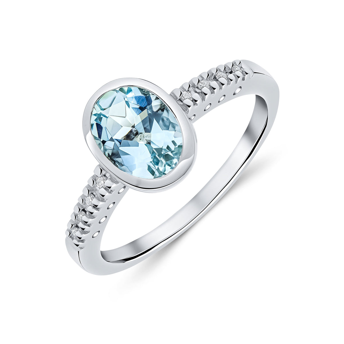 9CT WG RUBOVER 8X6 OVAL AQUA SINGLE STONE RING WITH CLAW SET DIAMOND SHOULDERS