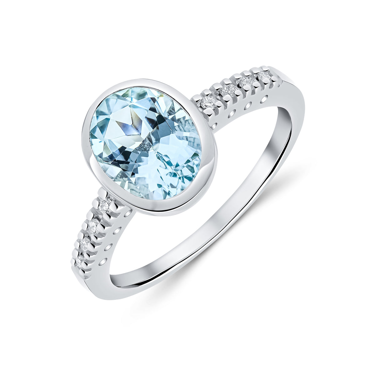 9CT WG RUBOVER 9X7 OVAL AQUA SINGLE STONE RING WITH CLAW SET DIAMOND SHOULDERS