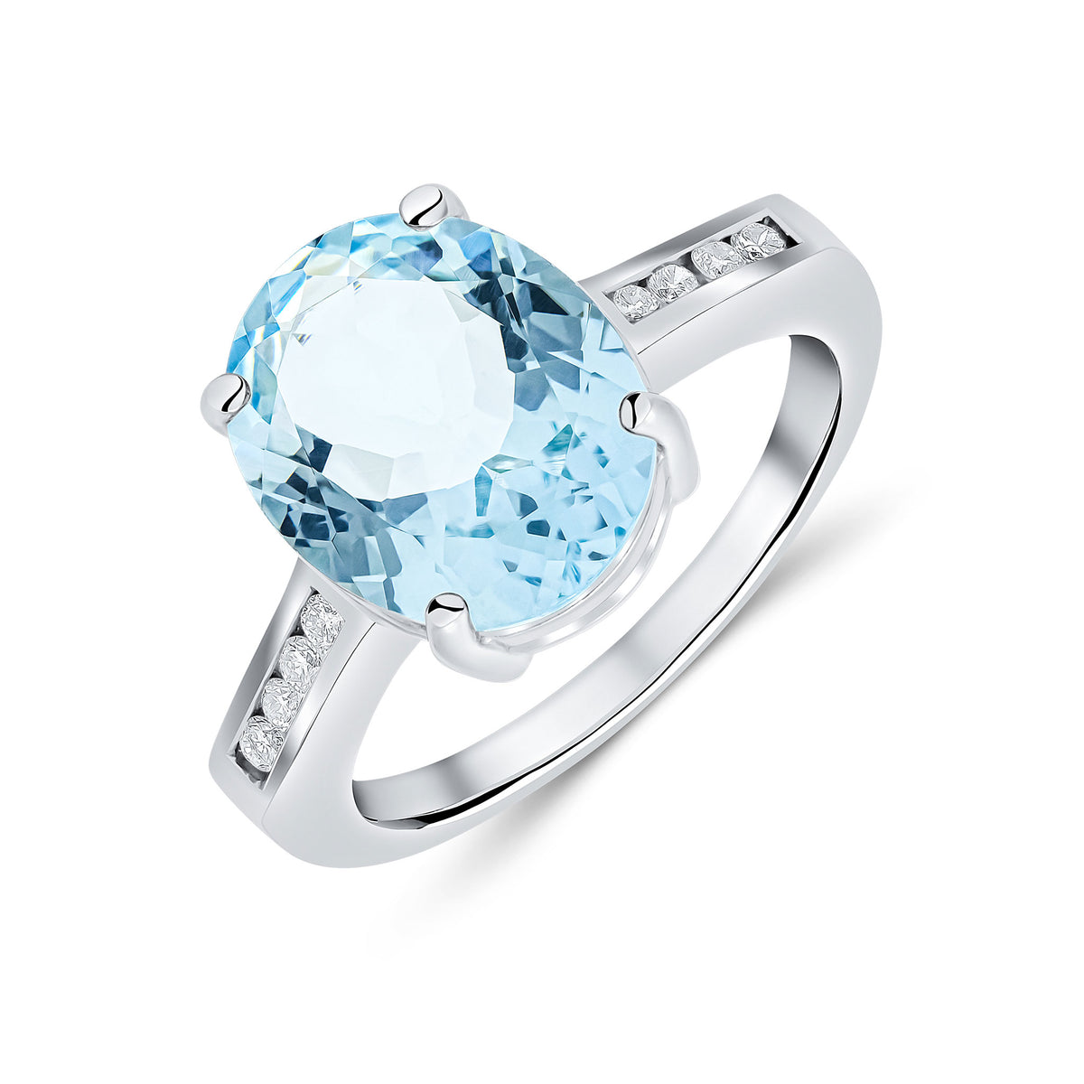 9CT WG 12X10MM CLAW SET OVAL AQUA SINGLE STONE RING WITH CHANNEL SET DIAMOND SHOULDERS