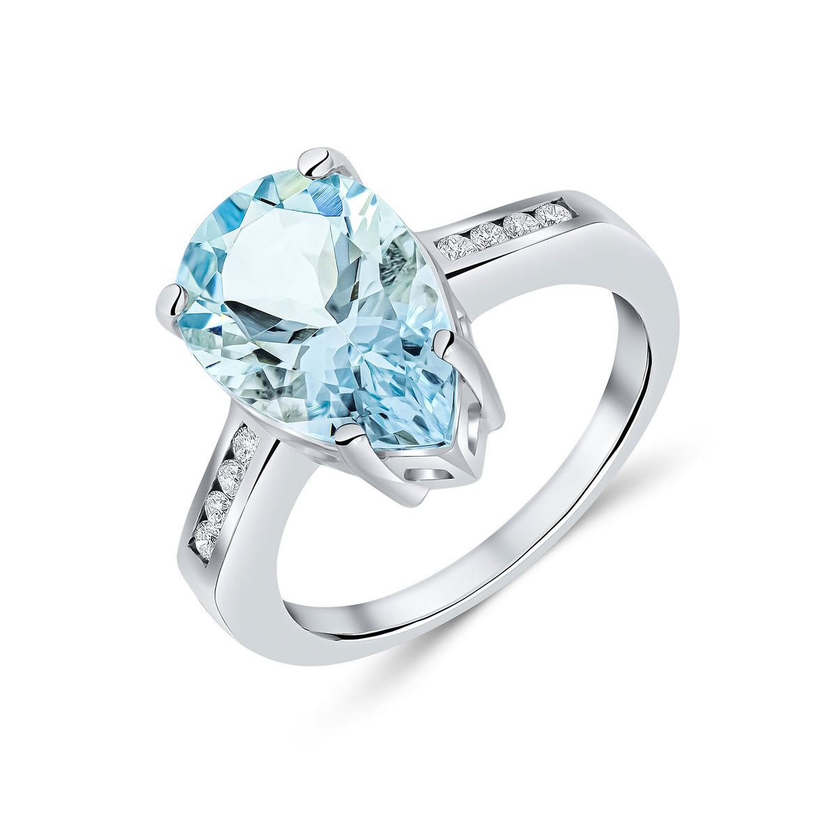 9CT WG 14X9 PEARSHAPE AQUA SINGLE STONE RING WITH CHANNEL SET DIAMOND SHOULDERS