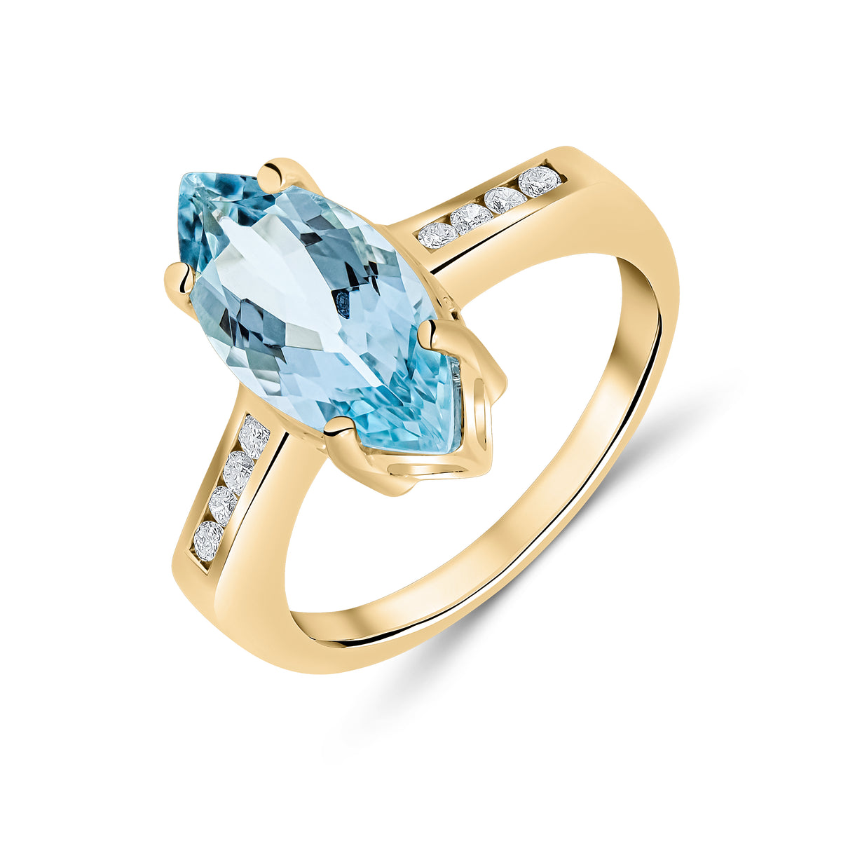 9CT YG 15X7 MARQUISE AQUA SINGLE STONE RING WITH CHANNEL SET DIAMOND SHOULDERS