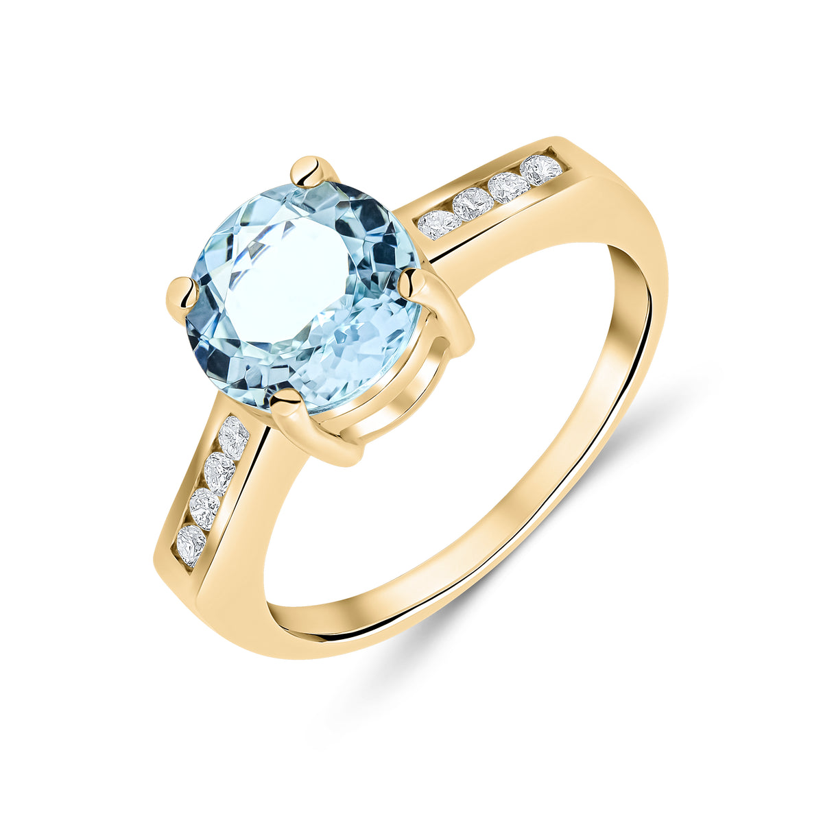 9CT YG CLAW SET 8MM ROUND AQUA SINGLE STONE RING WITH CHANNEL SET DIAMOND SHOULDERS
