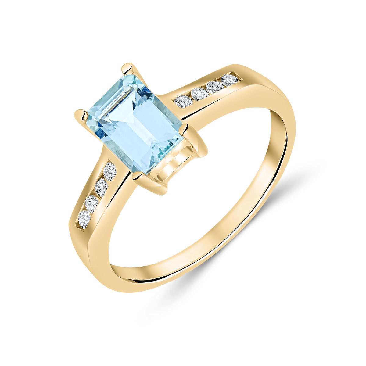 9CT YG 7X5 OCTAGON AQUA CLAW SET SINGLE STONE RING WITH CHANNEL SET DIAMOND SHOULDERS