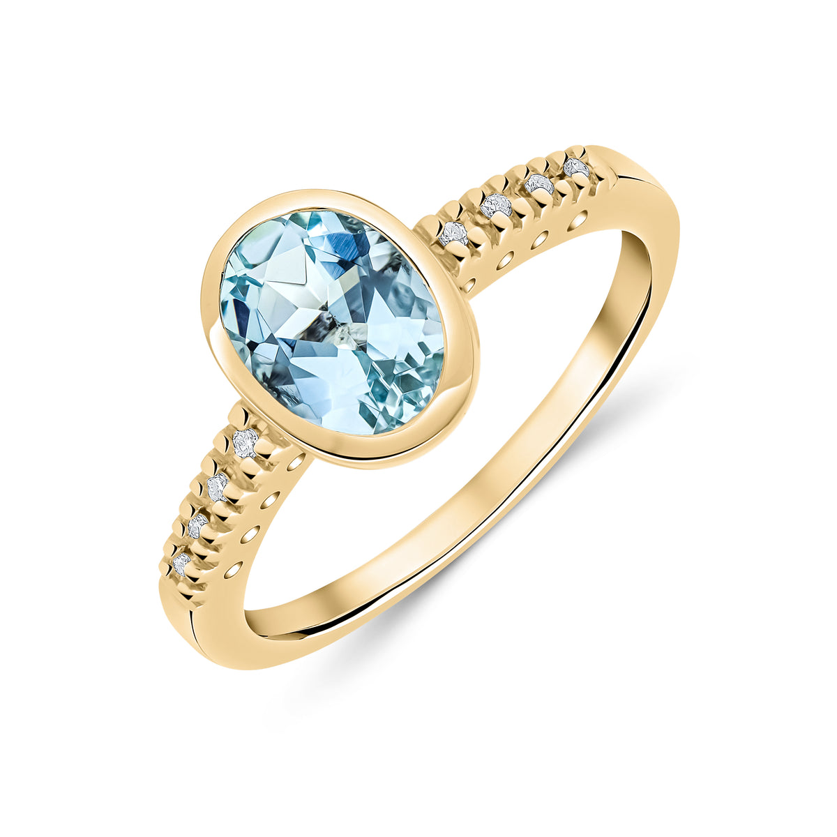 9CT YG RUBOVER 8X6 OVAL AQUA SINGLE STONE RING WITH CLAW SET DIAMOND SHOULDERS. RHODIUM TO DIAMONDS