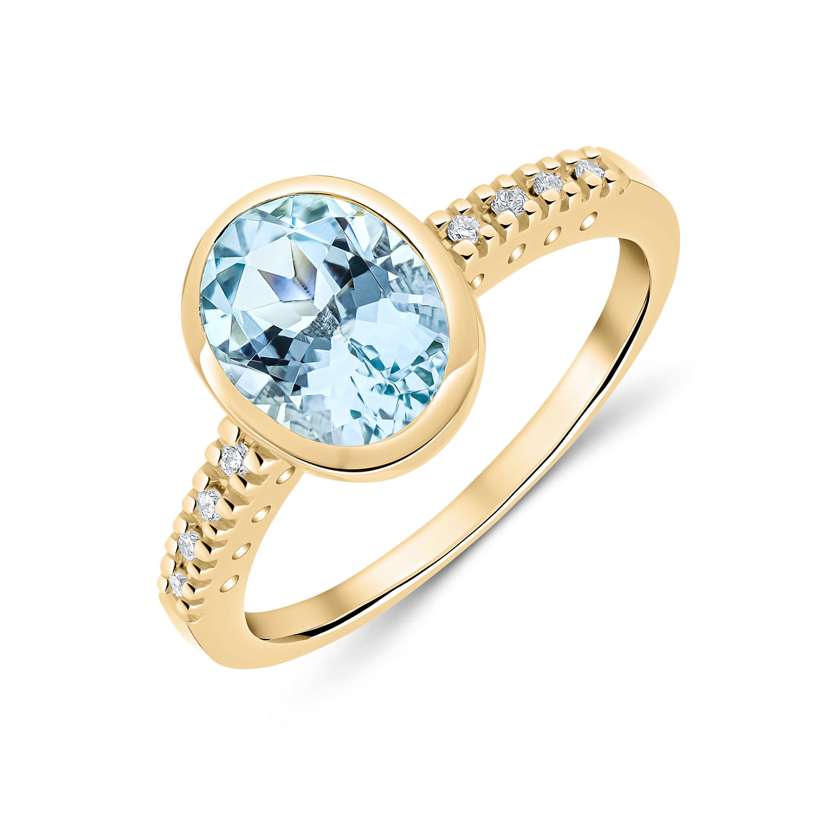 9CT YG RUBOVER 9X7 OVAL AQUA SINGLE STONE RING WITH CLAW SET DIAMOND SHOULDERS. RHODIUM TO DIAMONDS