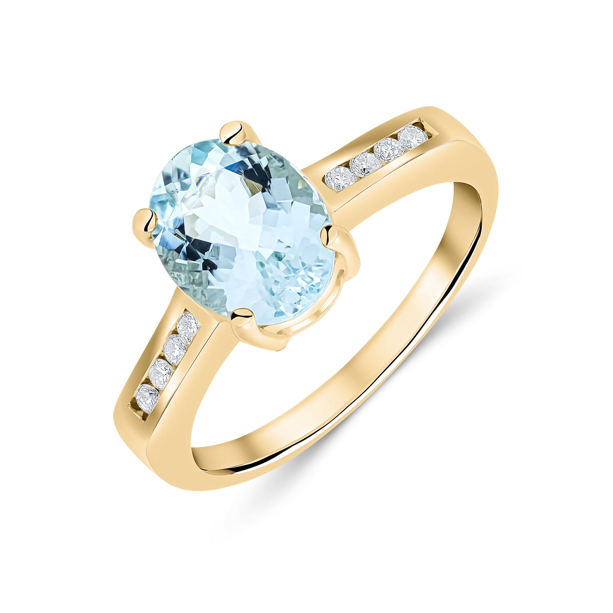 9CT YG 9X7MM CLAW SET OVAL AQUA SINGLE STONE RING WITH CHANNEL SET DIAMOND SHOULDERS